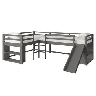 Coreen Solid Pine Storage Loft Bed with Slide - Grey, featuring an L-shaped design, built-in ladders, open shelves, and a slide. Crafted from solid pine wood, enhancing bedroom functionality and fun.