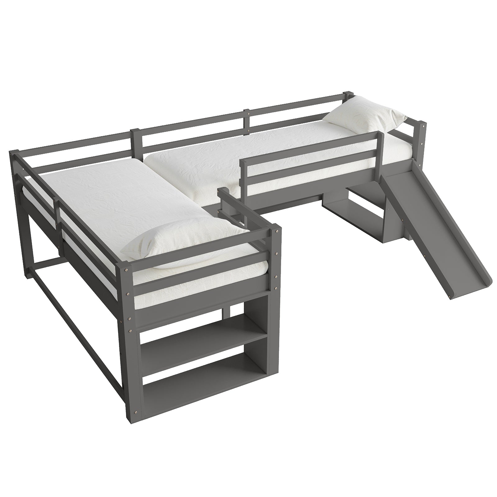 Coreen Solid Pine Storage Loft Bed with Slide - Grey features an L-shaped design, built-in ladders, open shelves, and a slide, crafted from durable pine wood for stability and fun.