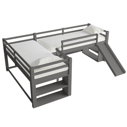 Coreen Solid Pine Storage Loft Bed with Slide - Grey features an L-shaped design, built-in ladders, open shelves, and a slide, crafted from durable pine wood for stability and fun.