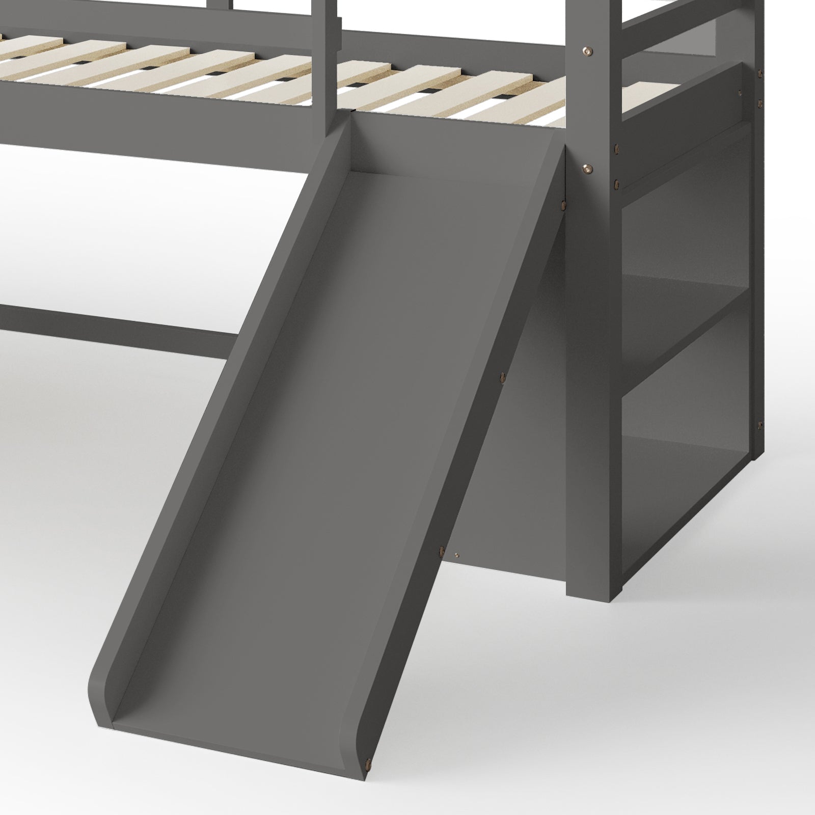 Coreen Solid Pine Storage Loft Bed with Slide – Grey, showcasing a close-up of its sleek design, built-in ladders, and exciting slide. Ideal for maximizing space and providing storage with open shelves.