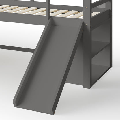 Coreen Solid Pine Storage Loft Bed with Slide – Grey, showcasing a close-up of its sleek design, built-in ladders, and exciting slide. Ideal for maximizing space and providing storage with open shelves.