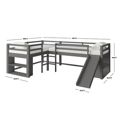 Coreen Solid Pine Storage Loft Bed with Slide - Grey; features a grey bunk bed with a slide, built-in ladders, open shelves, and protective rails, showcasing its practical L-shaped design.