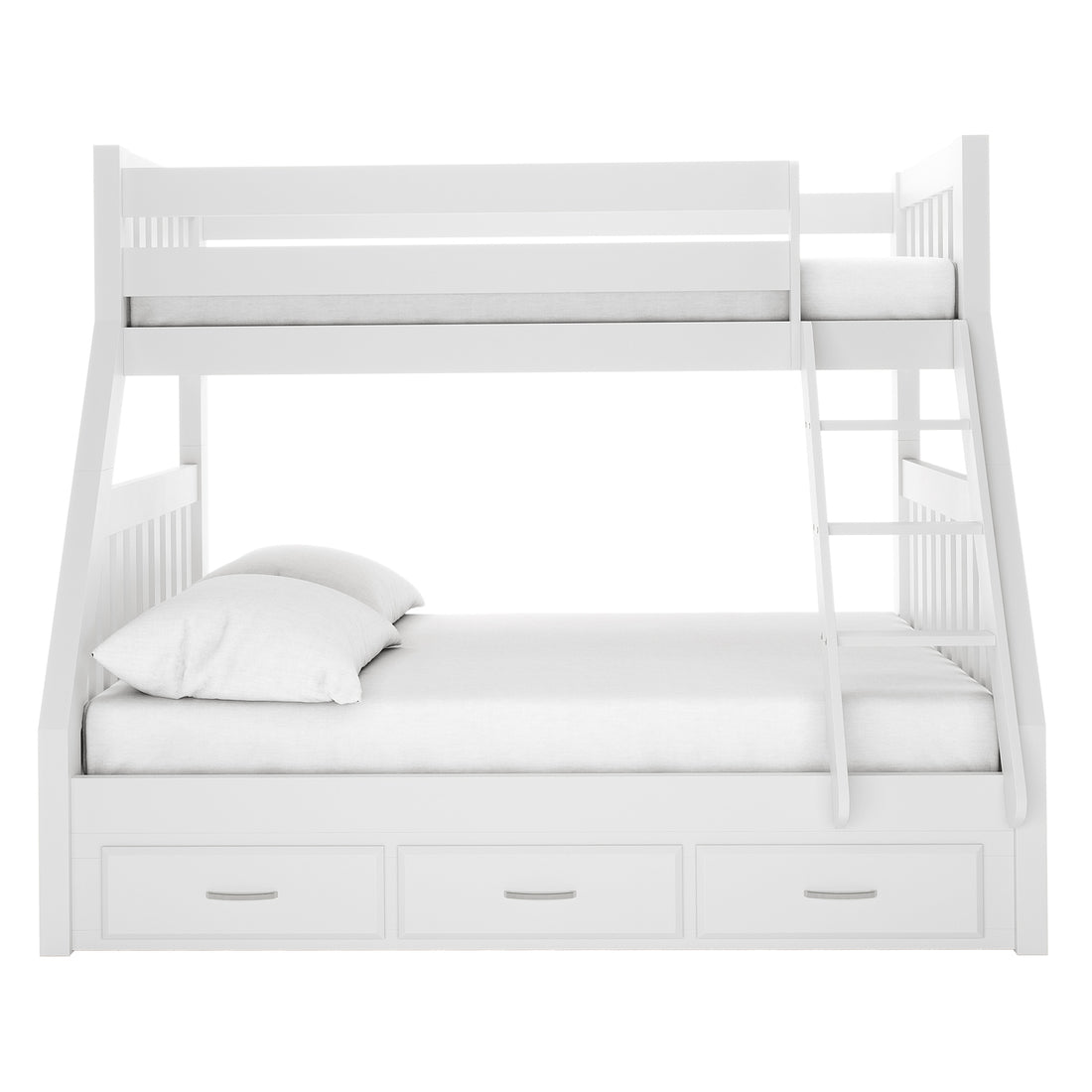 Cornelia Storage Triple Bunk Bed - White Solid Wood features a sleek design with a top single bunk over a double, silver-handled white storage drawers, and a safe ladder for access.