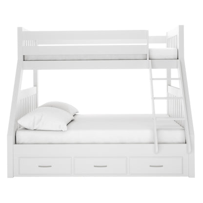 Cornelia Storage Triple Bunk Bed - White Solid Wood features a sleek design with a top single bunk over a double, silver-handled white storage drawers, and a safe ladder for access.