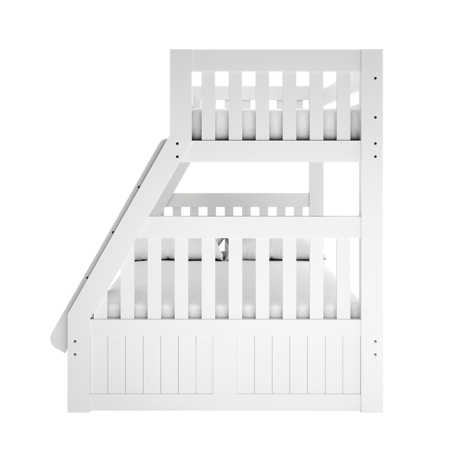 Cornelia Wood Triple Bunk Bed White & Mattress Bundle, featuring a white wooden two-tiered frame with built-in stair/ladder and slatted guardrails, showcasing a sleek design with included medium-firm foam mattresses.