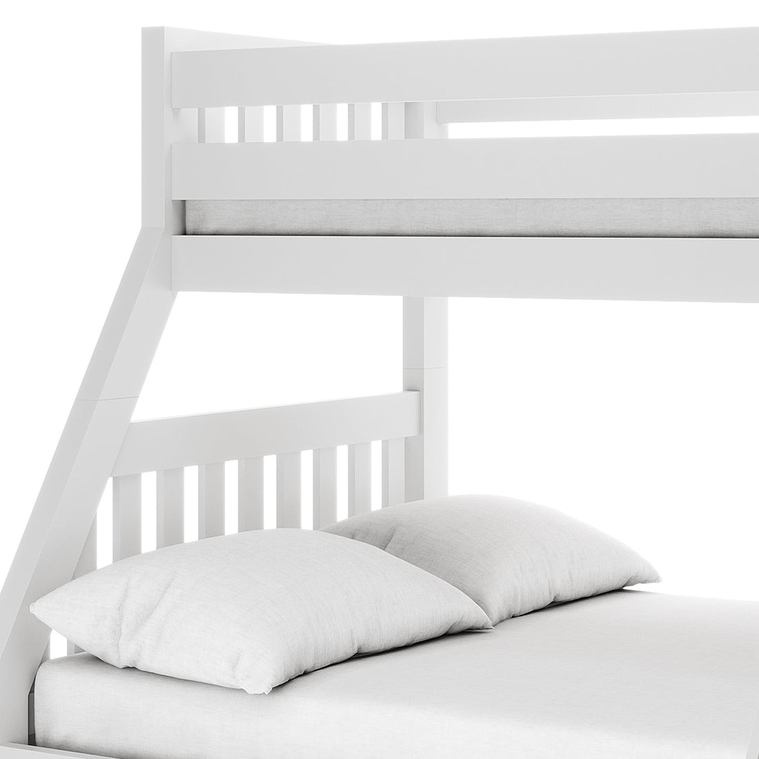 Cornelia Storage Triple Bunk Bed - White Solid Wood, featuring a close-up of its sturdy pine construction, sleek ladder, and spacious under-bed drawers, highlighting its functional design and safety elements.