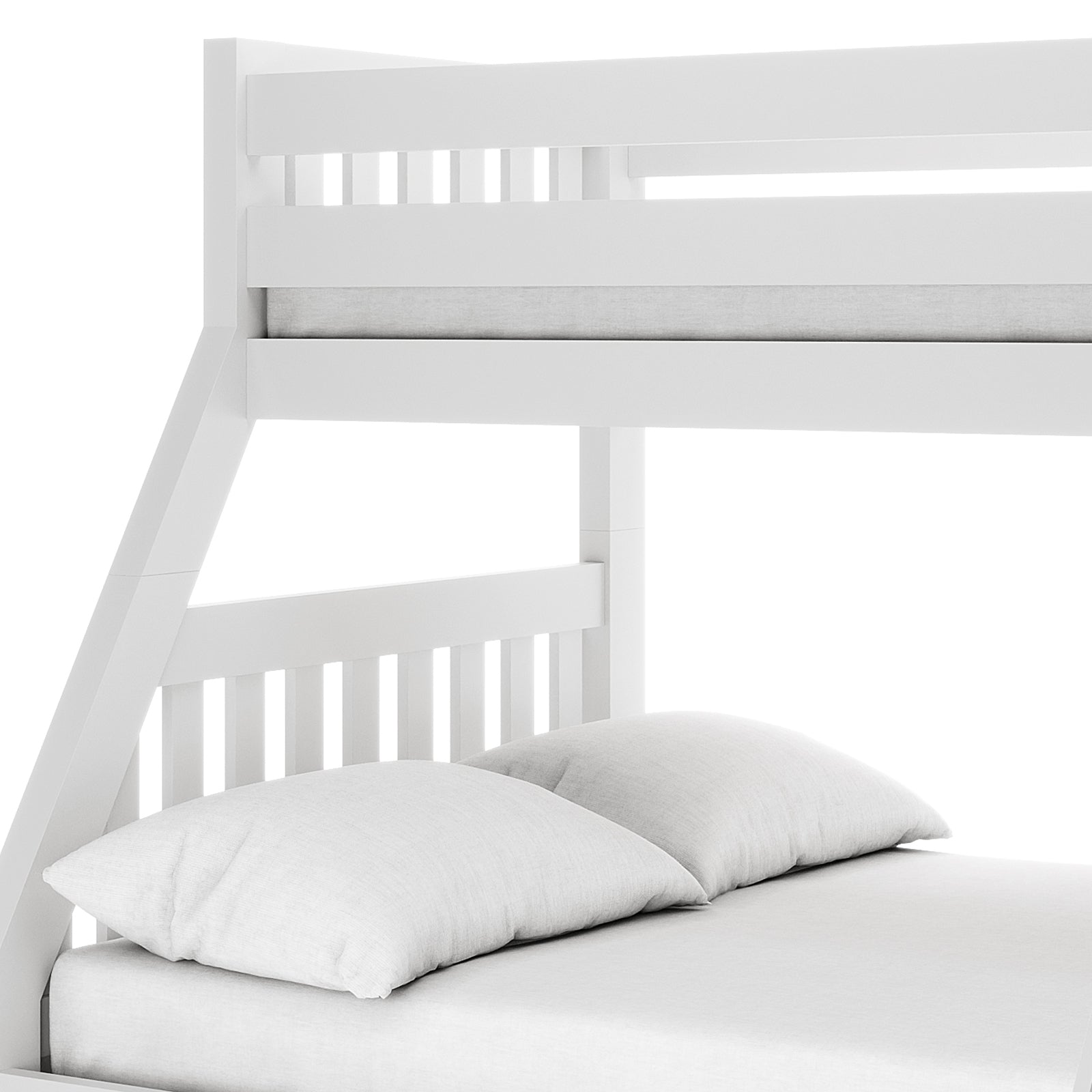 Cornelia Storage Triple Bunk Bed - White Solid Wood, featuring a close-up of its sturdy pine construction, sleek ladder, and spacious under-bed drawers, highlighting its functional design and safety elements.