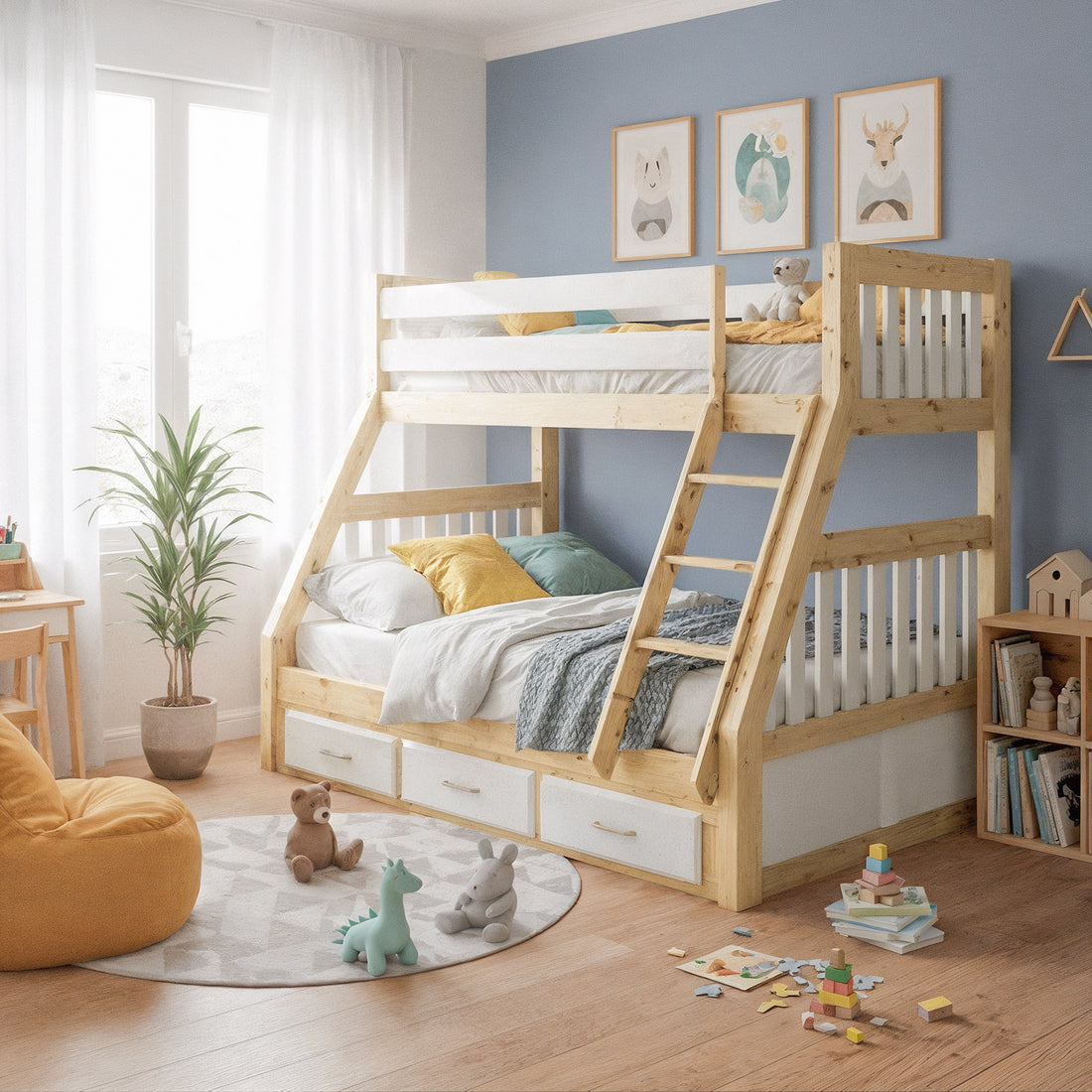 Cornelia Solid Wood Bunk Bed with Storage in White & Natural, featuring a sturdy single over double design, built-in drawers, a solid ladder, and cozy accent pillows, creating a functional and inviting children's space.