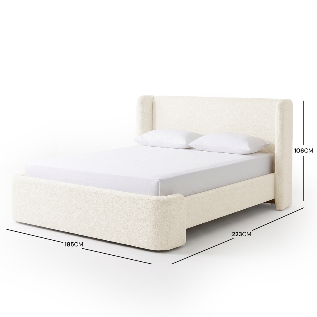 Full upholstered bed with dimensions displayed on a white background