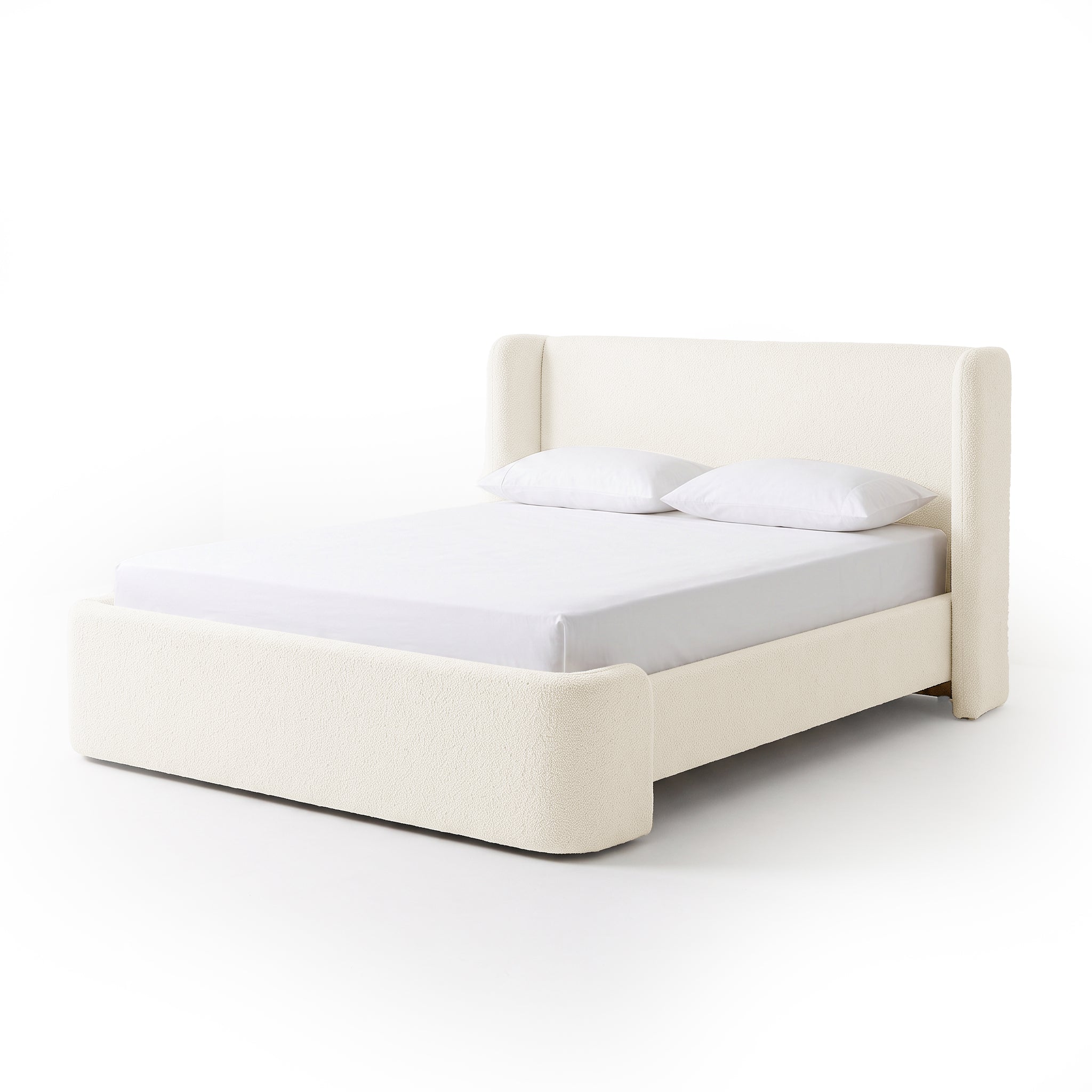 Full modern upholstered bed on a white background