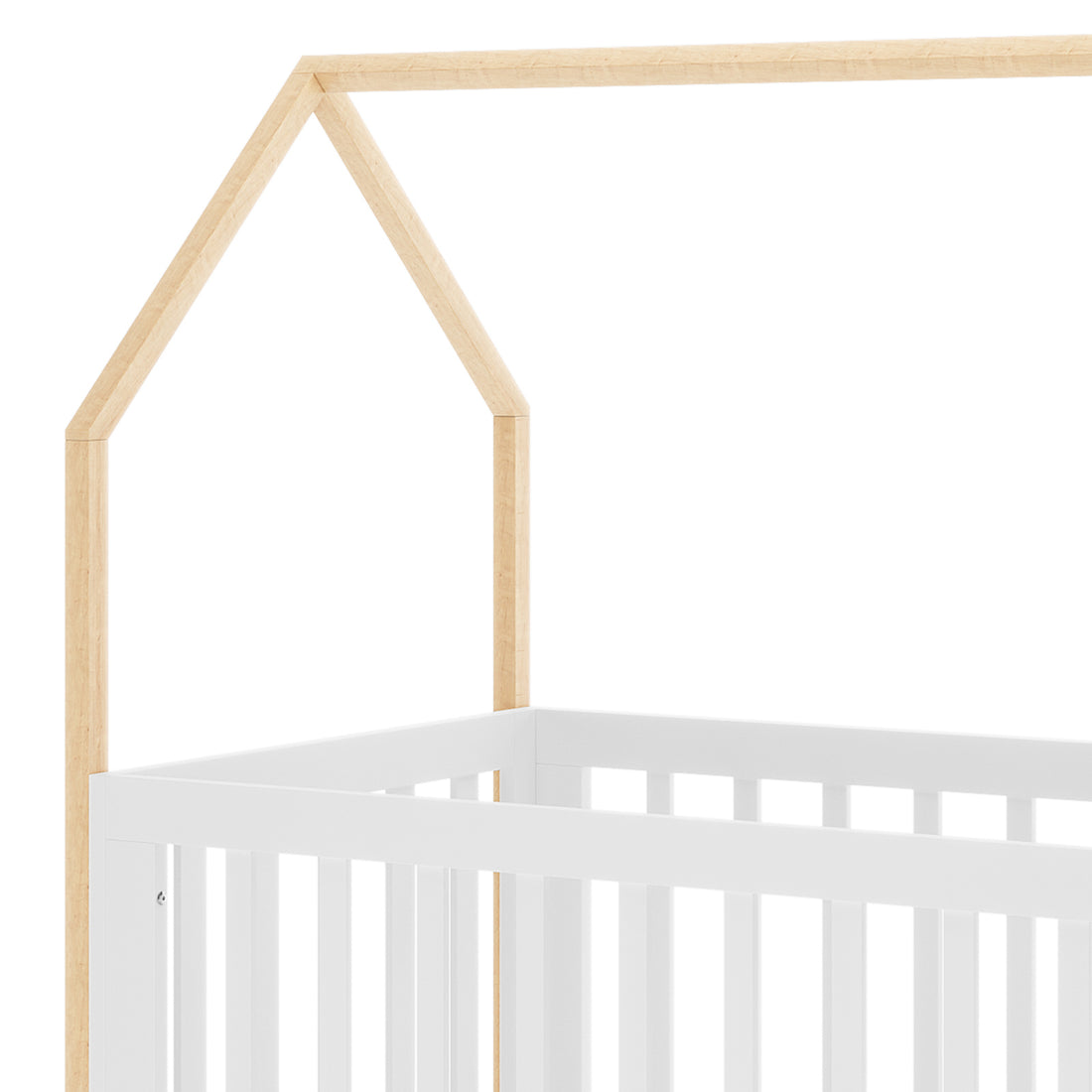 Damaris Solid Pine Baby Cot Bed - White/Natural: A white slatted cot with a natural wood house-shaped frame, featuring peaked posts. Mattress and bedding not included.