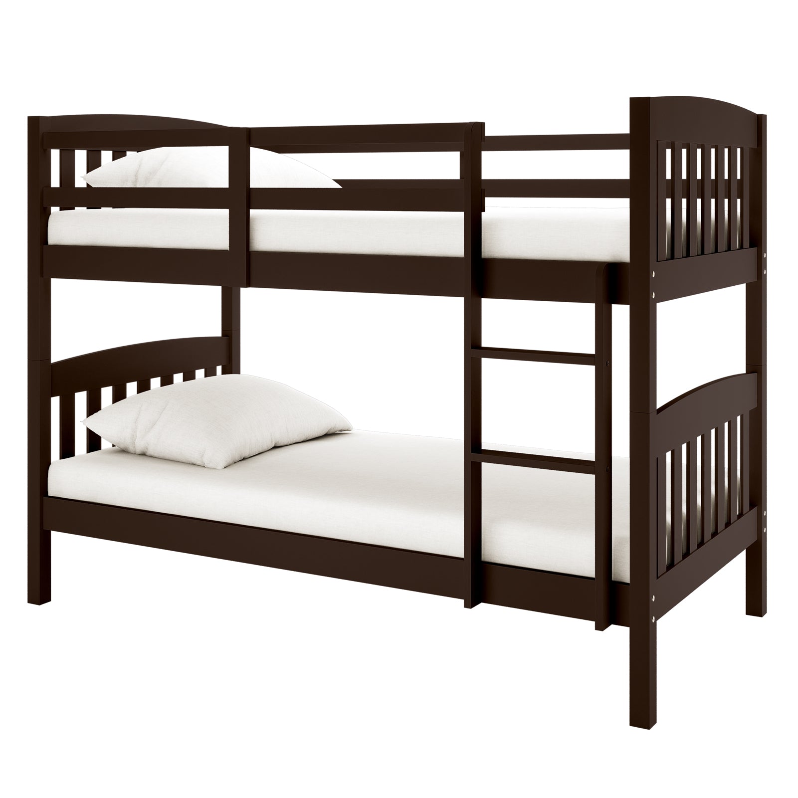 Dante 2-in-1 Solid Pine Timber Bunk Bed - Cappuccino shown with a sturdy brown frame, convertible design, and secure ladder, highlighted by white pillows on both top and bottom bunks.