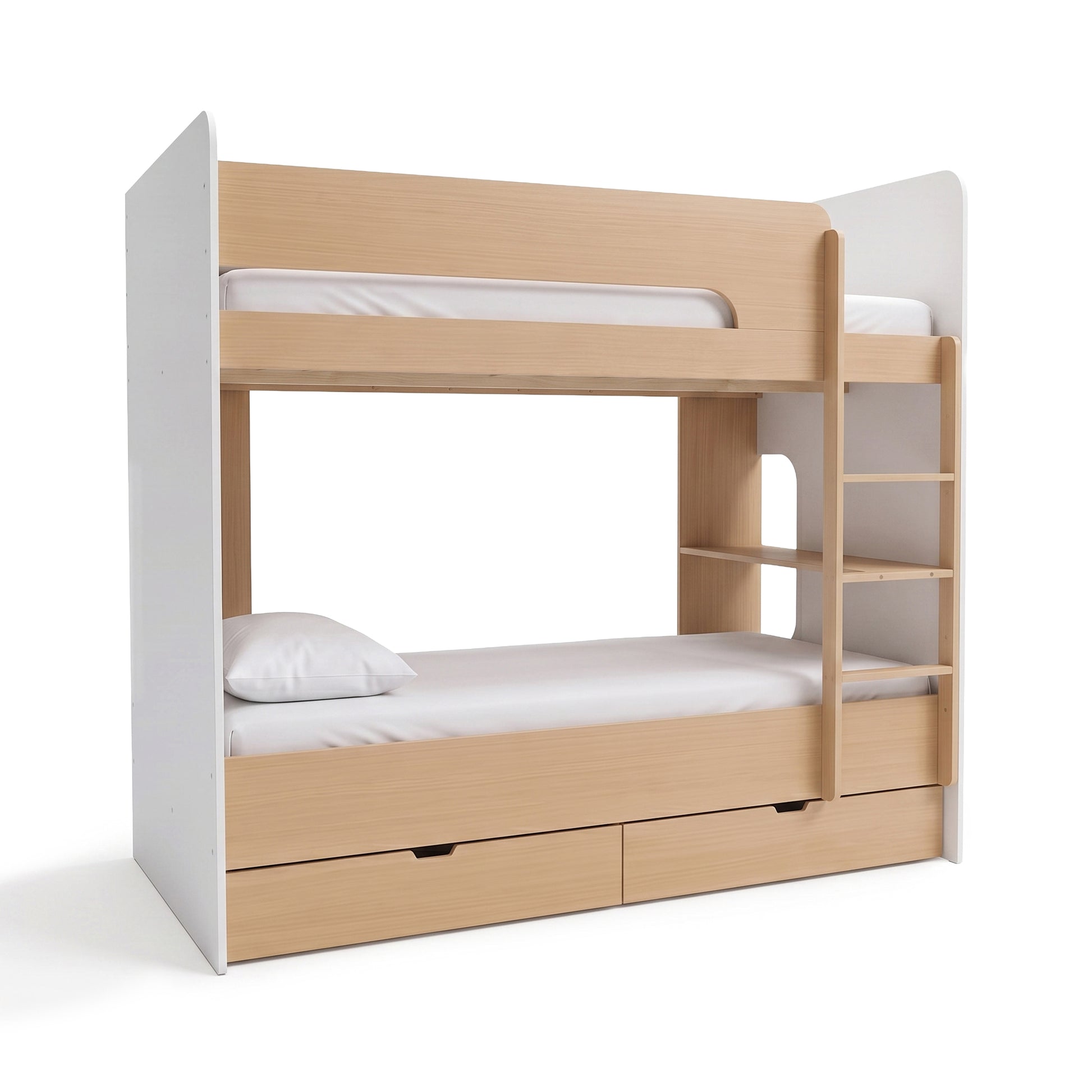 Modern wooden bunk bed with white side panels on a white background