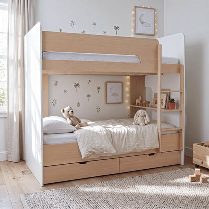 Light wood bunk bed with white accents in a warm, styled children's bedroom