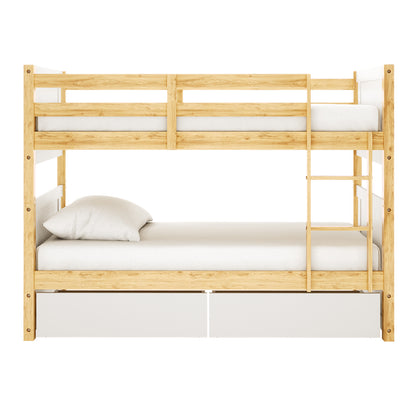Elisha & Thermis Bunk Bed & Mattress Set in White & Natural features a light-toned wood frame with white accents, top guardrails, a vertical ladder, and two pull-out storage drawers below the bottom bunk.