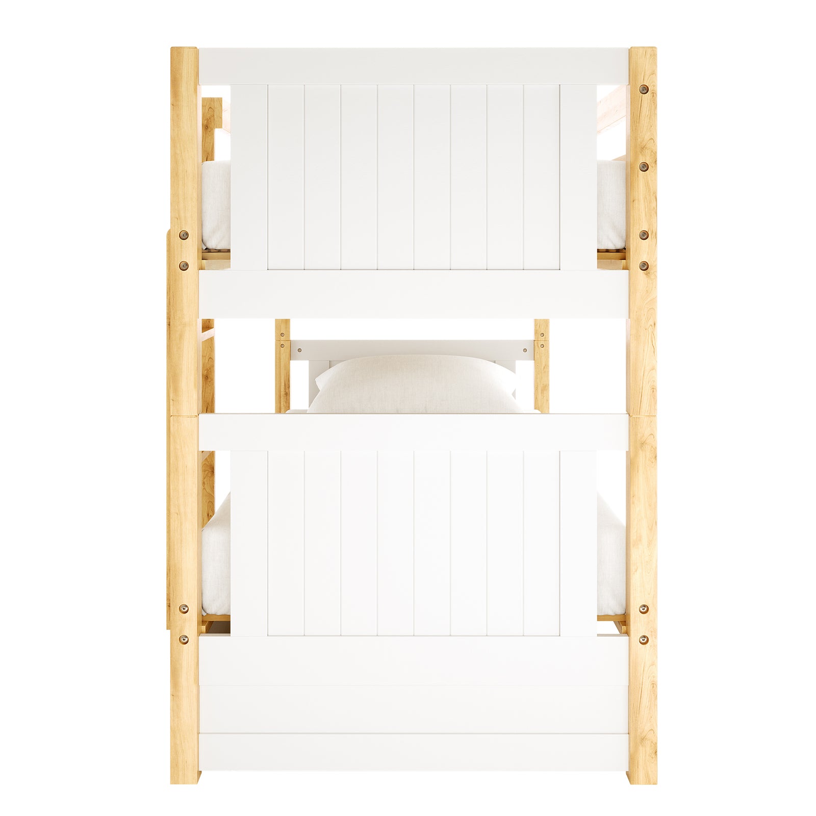 Elisha & Thermis Bunk Bed & Mattress Set in White & Natural features a sturdy wooden frame with white slatted headboards, complete with white mattresses and pillows on both bunks, ideal for children's rooms.