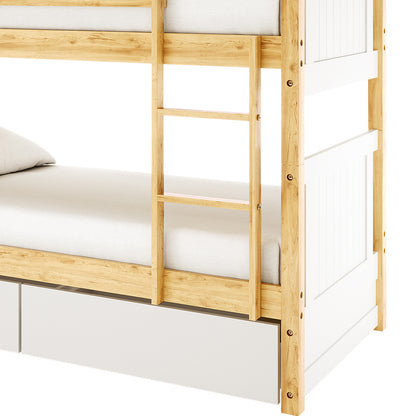 Elisha & Thermis Bunk Bed & Mattress Set in White & Natural features a two-tiered wooden frame, with visible ladder, white panel side rails, and two large under-bed storage drawers, showcasing a space-saving, stylish design.