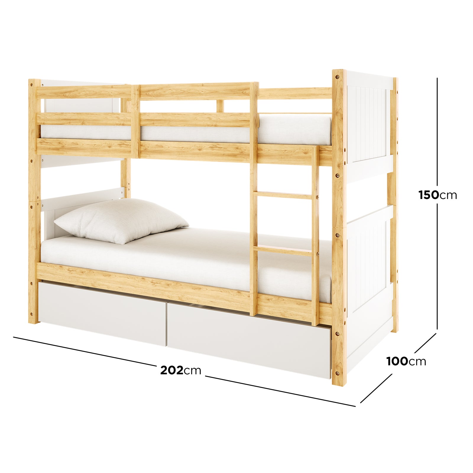 Elisha & Thermis Bunk Bed & Mattress Set in White & Natural: Light wood frame with white panels, built-in ladder, top bunk guardrails, and two storage drawers below. Dimensions: 202x100x150 cm.
