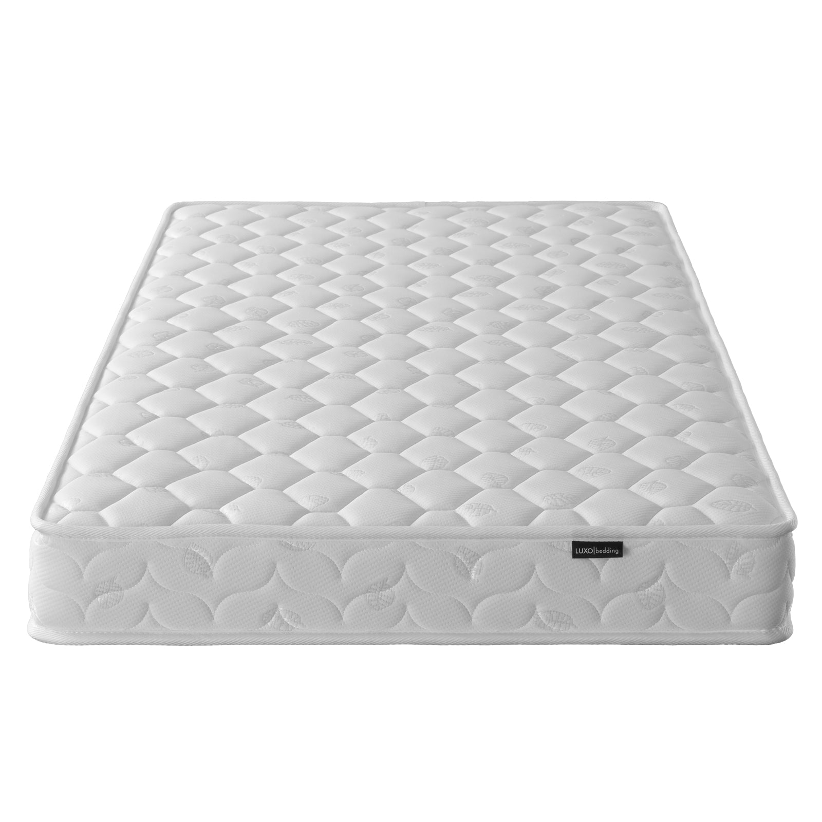 Elisha & Thermis Bunk Bed & Mattress Set: angled view of a plain white Luxo bedding mattress with quilted top surface, showcasing its slightly padded design against a plain background.