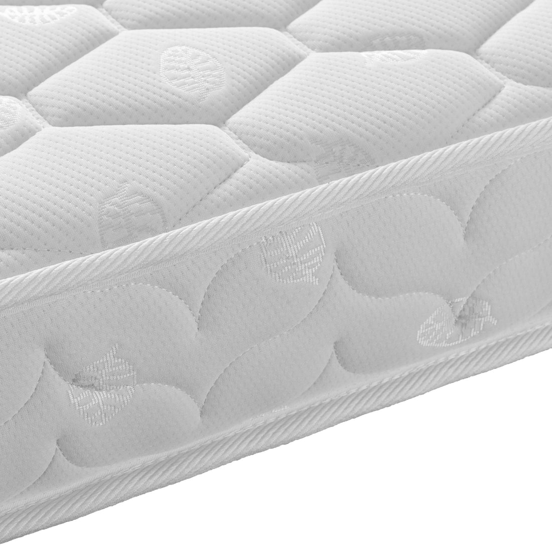 Close-up of Elisha & Thermis Bunk Bed & Mattress Set showing quilted mattress edge with hexagonal stitching and piped detail, highlighting craftsmanship and comfort in the white natural design.