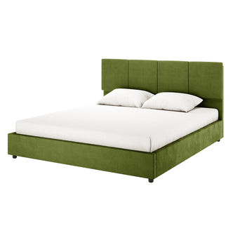 Emina Velvet Bed Frame - Jade Green King, featuring a plush, upholstered platform with a padded panel headboard, dressed in plain white bedding with two white pillows.
