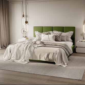 Emina Velvet Bed Frame - Jade Green King features a low-profile design with a plush green upholstered headboard, set in a contemporary bedroom with neutral linens and geometric pillows.