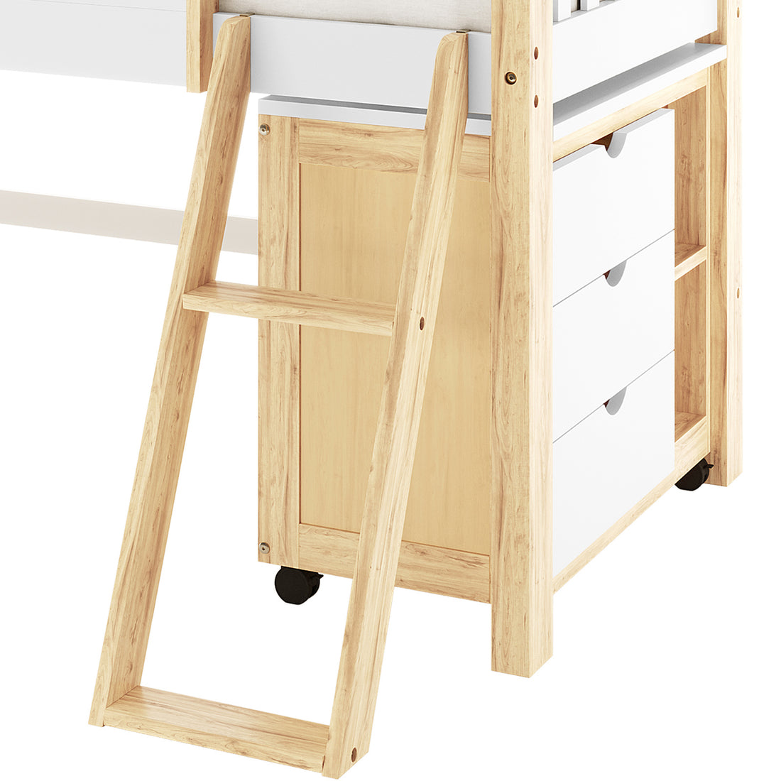 Erin Kids Single Solid Wood Loft Bed in White & Natural with an attached ladder and a rolling dresser unit featuring three white-front drawers underneath, showcasing its functional and elegant design.