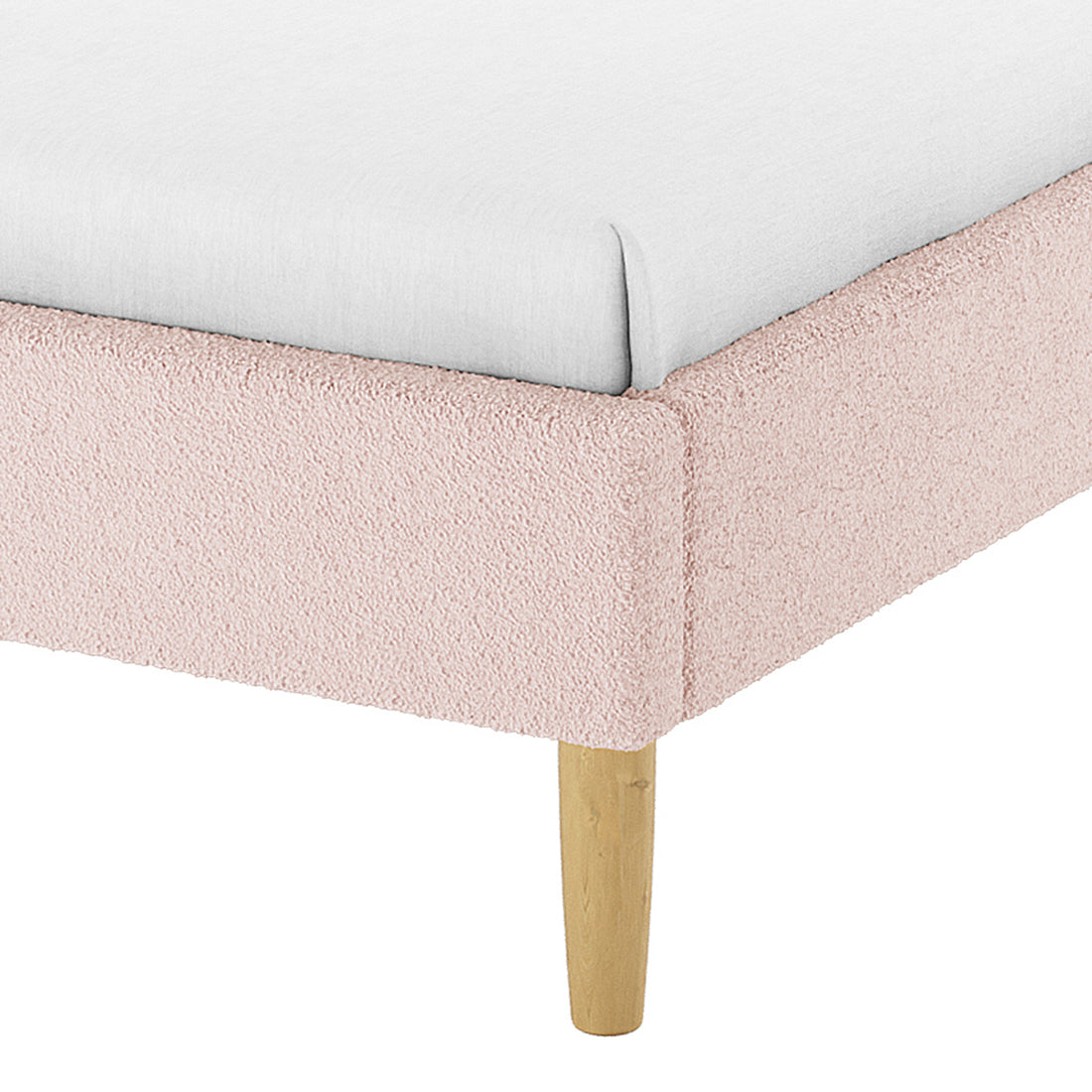 Close-up of the Estilla Single Rainbow Boucle Bed Frame in Ice Blue, showing its pale pink boucle upholstery, light wood tapered leg, and white mattress, emphasizing its elegant and cosy design.