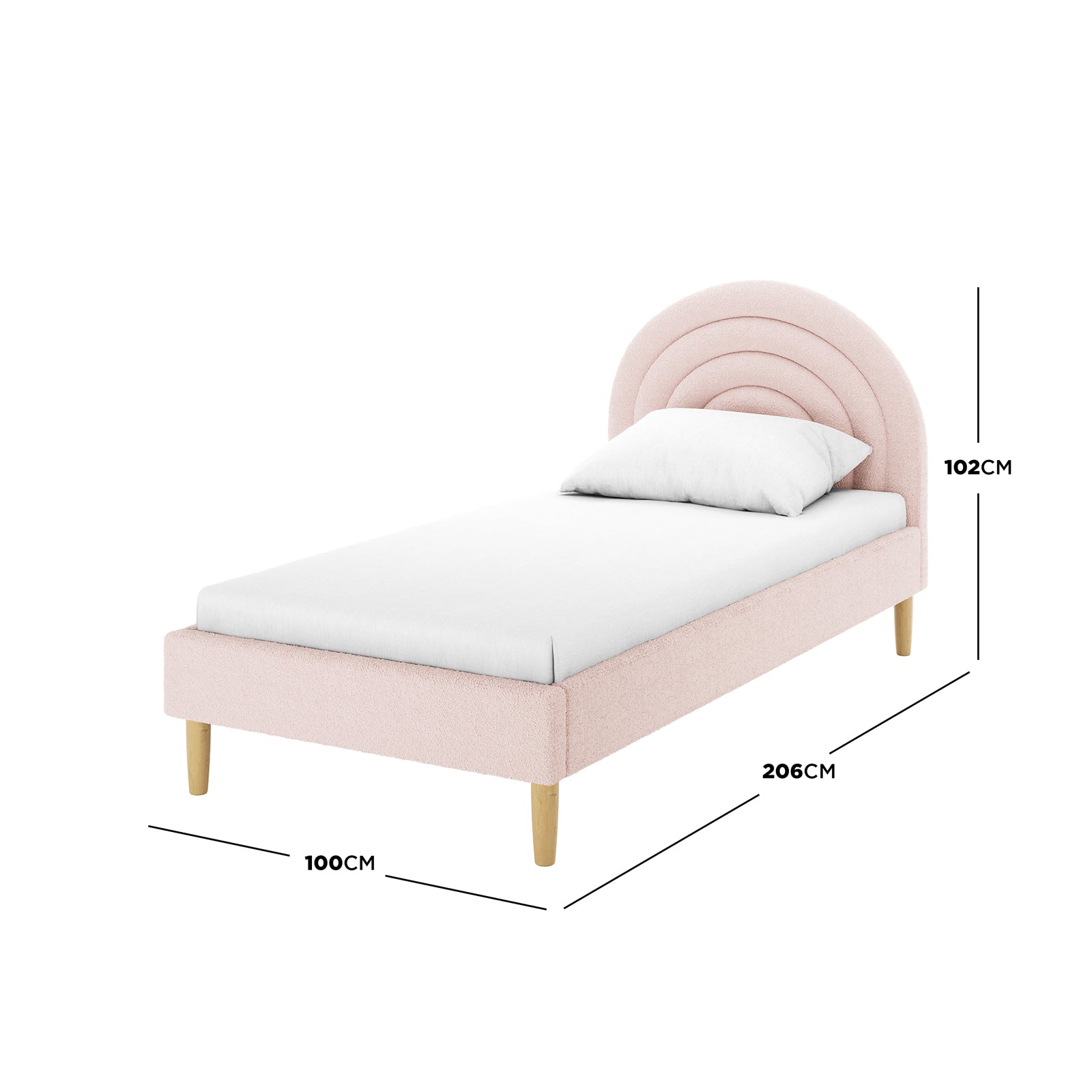 Estilla Single Rainbow Boucle Bed Frame in Ice Blue with a three-tiered arch headboard, upholstered in soft boucle fabric, on light wooden legs, shown with a white mattress and pillow.