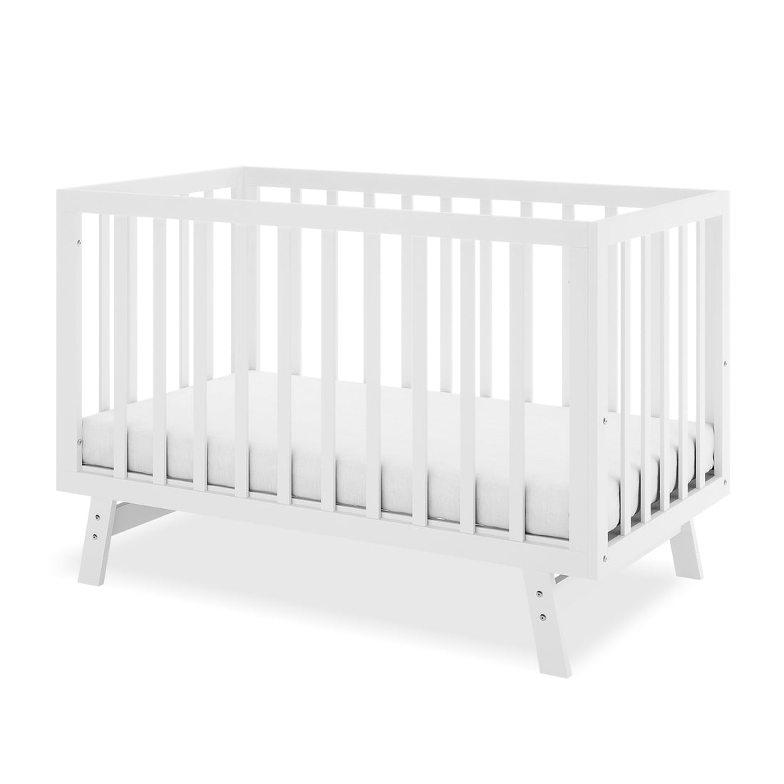 Eudora Classic Solid Pine Adjustable Nursery Cot – White: A modern white wooden crib with slatted sides and included mattress, showcasing clean lines and sturdy pine construction for a safe, timeless nursery.