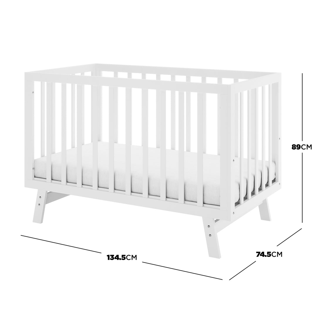 Eudora Classic Solid Pine Adjustable Nursery Cot – White, featuring a modern design with short angled legs, thin mattress, and dimension lines showing 134.5cm length, 74.5cm width, 89cm height.