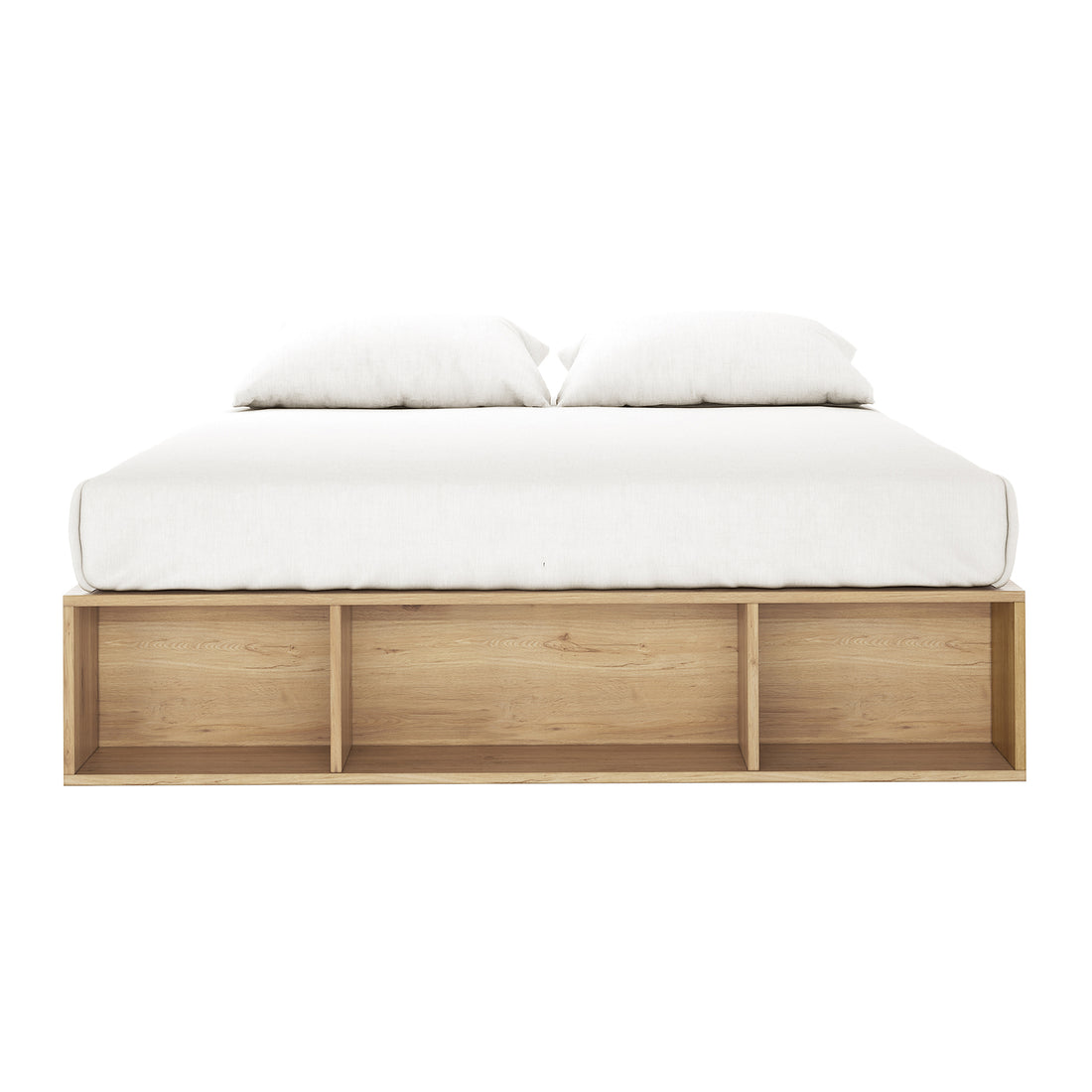 Eulalia Queen Storage Platform Bed Base with Drawer in Oak featuring a light-wood frame, three open cubby shelves at the footboard, topped with a low-profile white mattress and duvet.
