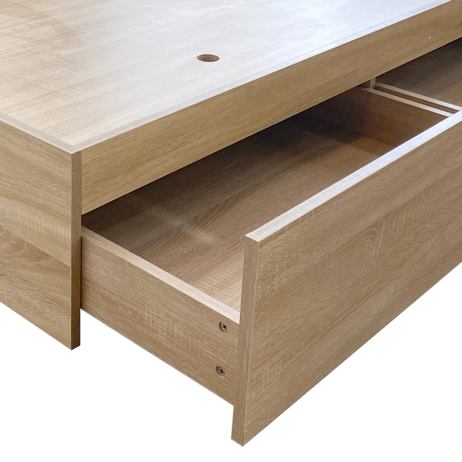 Eulalia Queen Storage Platform Bed Base with Drawer in Oak, showcasing a partially open drawer and a cable-management hole on top, highlighting its sleek design and practical storage features.