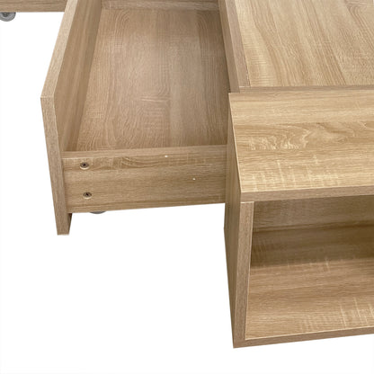 Eulalia Queen Storage Platform Bed Base with Drawer in Oak, showcasing a light-oak finish, visible wood-grain panels, a partially open drawer with metal-glide wheels, and an adjacent open storage cubby.