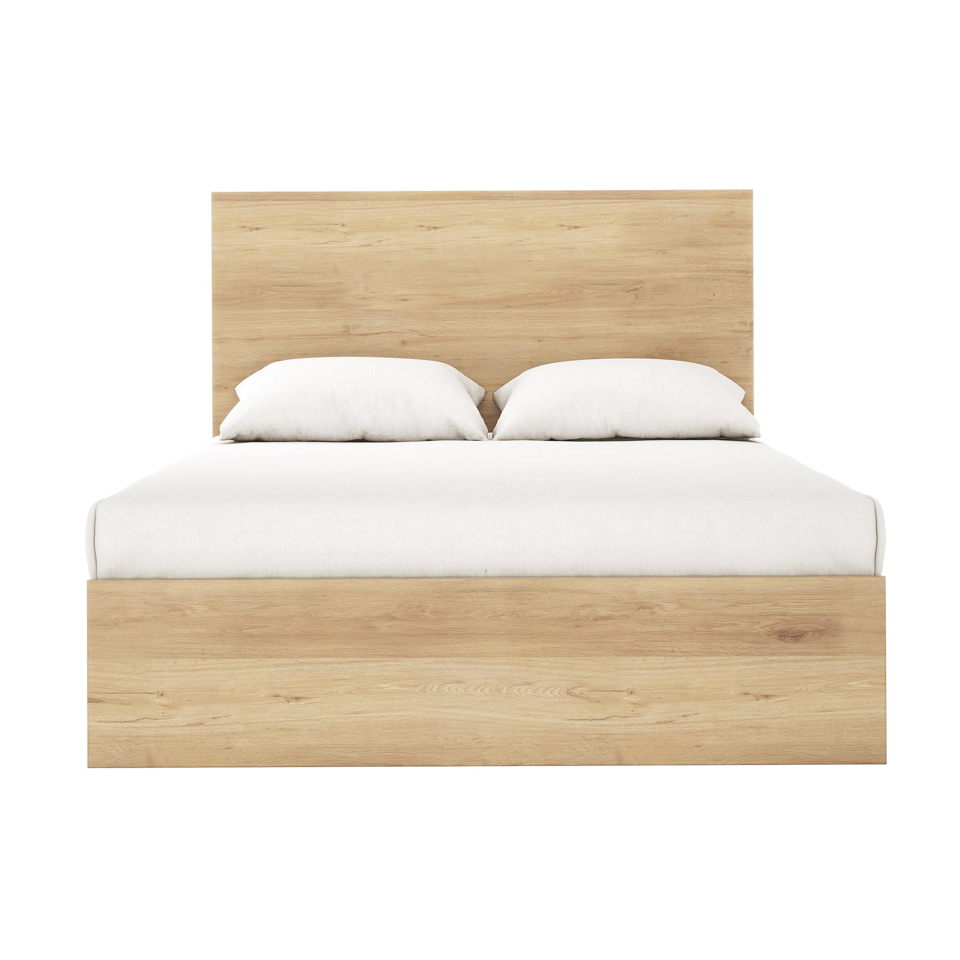 Fabiola Queen Storage Bed Base with Drawers in White & Oak featuring a light-wood headboard, footboard, and three drawers on each side, complemented by a white mattress and pillows.
