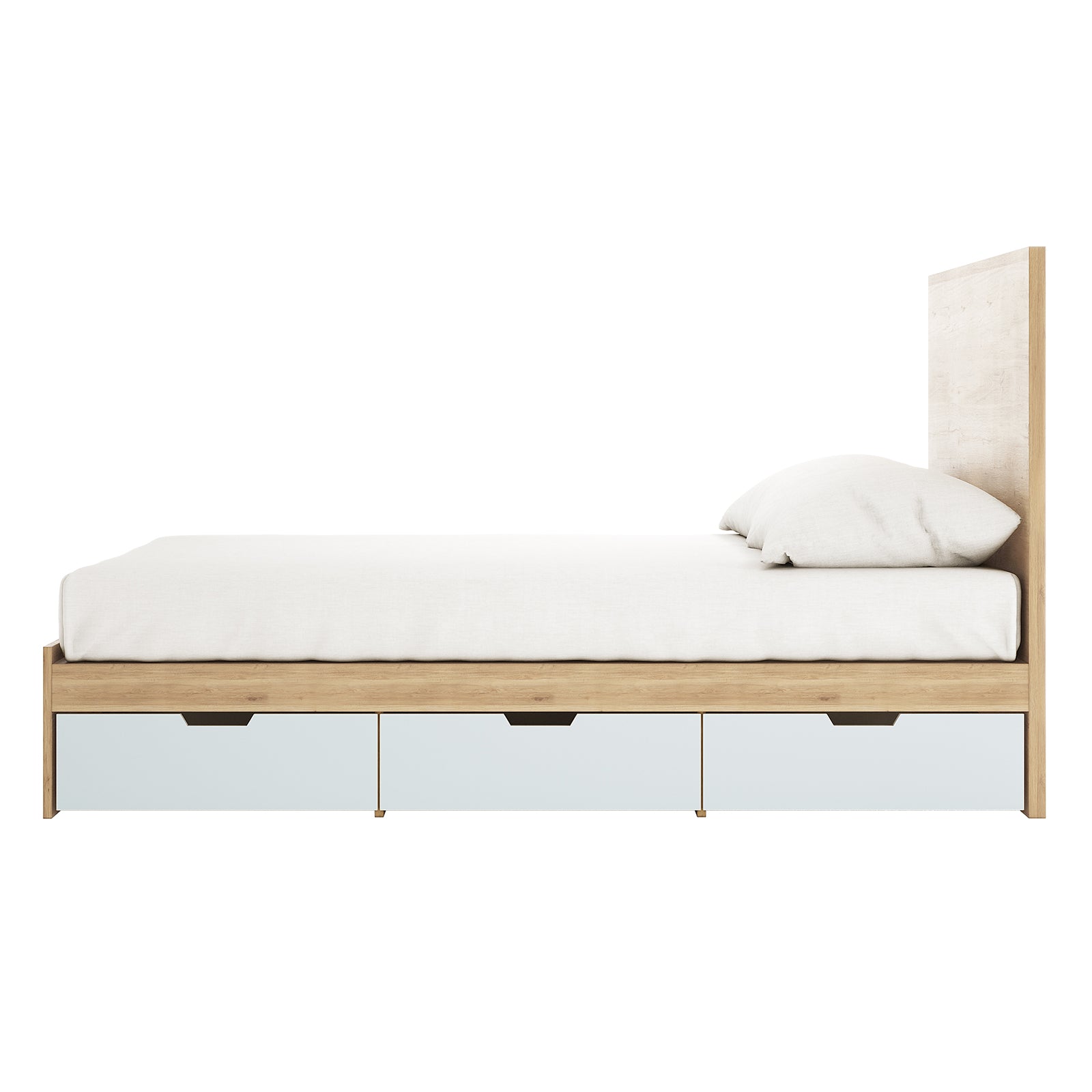 Fabiola Queen Storage Bed Base with Drawers in White & Oak features a light wooden frame, three pull-out drawers, and a simple headboard, with white linens on a twin-size mattress.