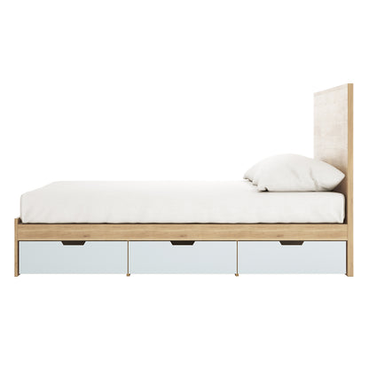 Fabiola Queen Storage Bed Base with Drawers in White & Oak features a light wooden frame, three pull-out drawers, and a simple headboard, with white linens on a twin-size mattress.