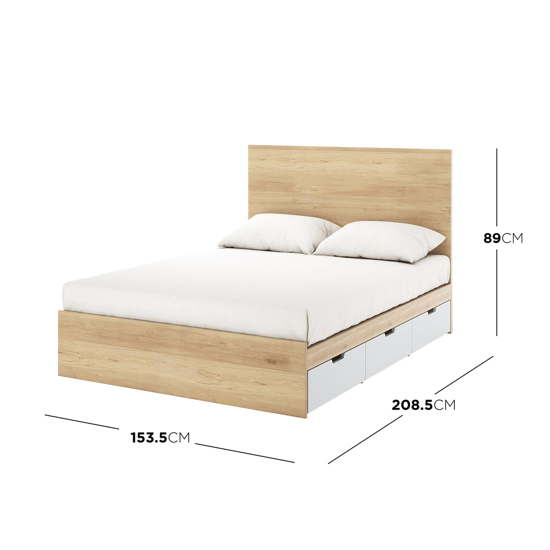 Fabiola Queen Storage Bed Base with Drawers in White & Oak features a modern platform design, oak-effect finish, matching headboard, and two white storage drawers on one side. Dimensions are displayed.