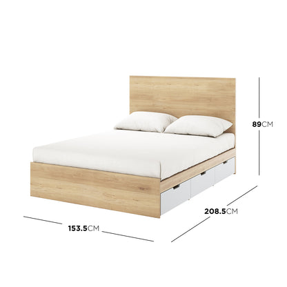 Fabiola Queen Storage Bed Base with Drawers in White & Oak features a modern platform design, oak-effect finish, matching headboard, and two white storage drawers on one side. Dimensions are displayed.