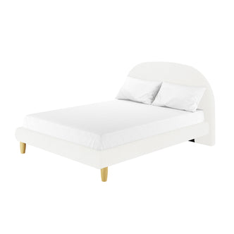 Fausta Bouclé Bed Frame with Arch Headboard features a minimalist design, upholstered in soft white fabric with a gently curved headboard, matching side rails, and supported by tapered wooden legs.
