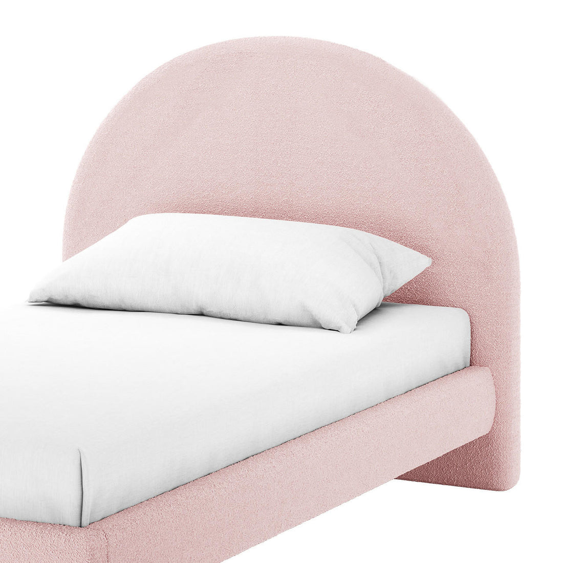 Fausta King Single Arched Bouclé Bed Frame in Light Pink, featuring a softly rounded headboard upholstered in pale pink fabric, complemented by a white mattress and pillow for a serene bedroom setting.