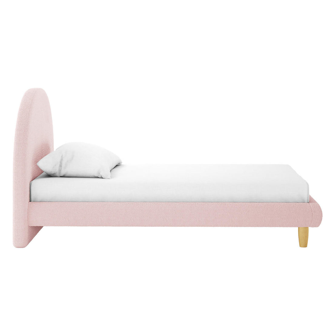 Fausta Single Arched Bouclé Bed Frame in Light Pink features a softly curved upholstered headboard, matching low-profile frame, white mattress, and pillow on short natural-wood legs.