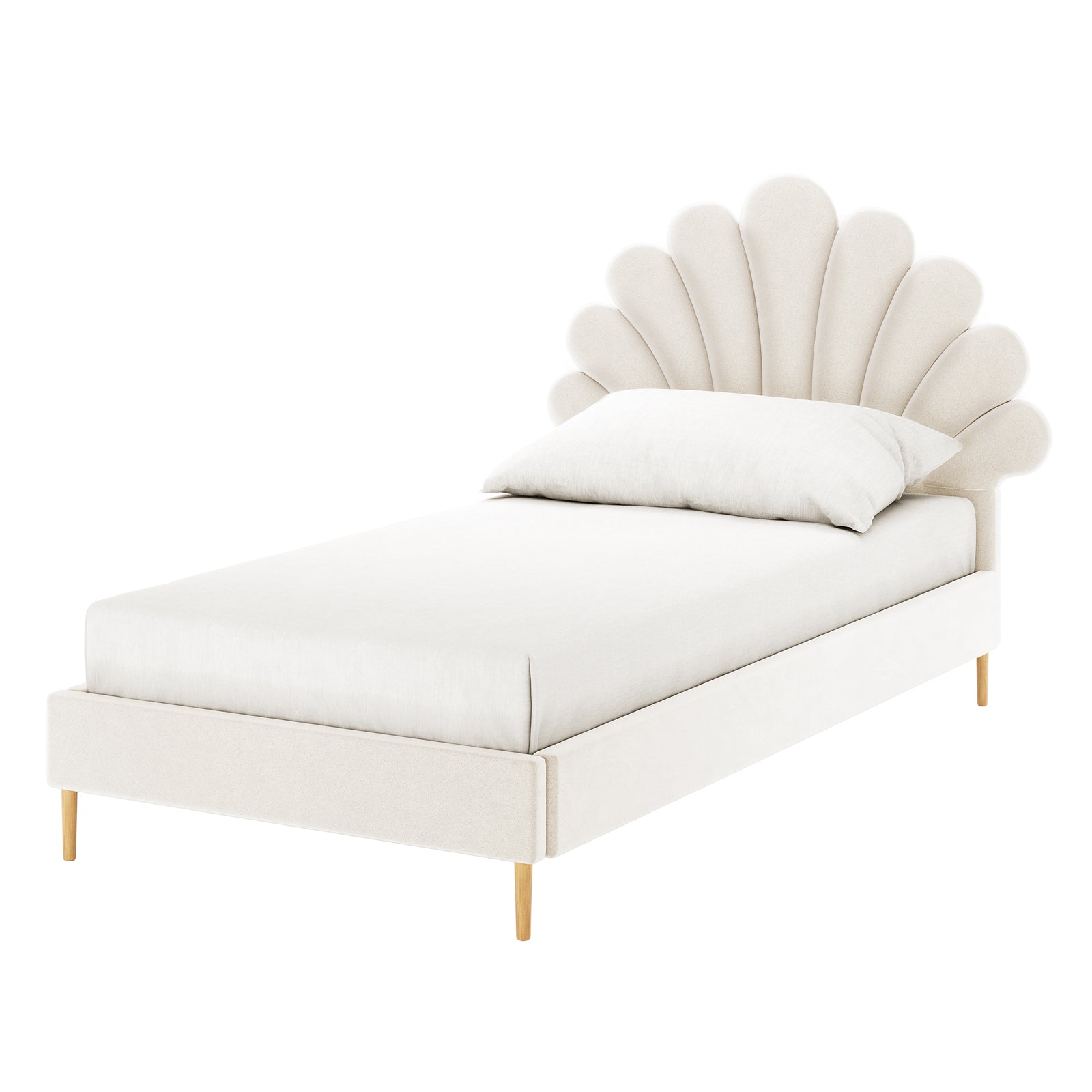 Fayette Kids Single Velvet Fabric Bed Frame in Cream White, featuring a scalloped seashell headboard, low wooden legs, and matching fitted sheet, offering a cosy, enchanting focal point for children's rooms.