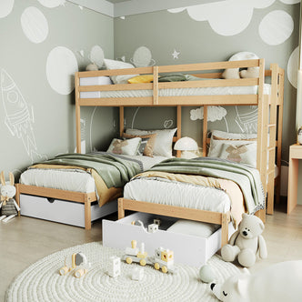 Aristos & Venus Bunk Bed & Mattress Package in White & Natural features a lofted top bunk with safety rails, twin beds below, pull-out storage, and playful space-themed decor suitable for multiple children.