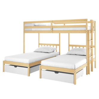 Aristos & Venus Bunk Bed & Mattress Package in White & Natural featuring a loft-style design with a top twin bunk, two lower twin beds, built-in ladders, guardrails, and pull-out storage drawers.