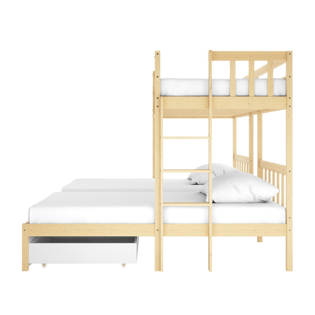 Aristos & Venus Bunk Bed & Mattress Package in White & Natural: Light-wood bunk-bed system with top bunk, perpendicular lower bunk, pull-out trundle, and vertical ladder. All beds feature plain white bedding and pillows.