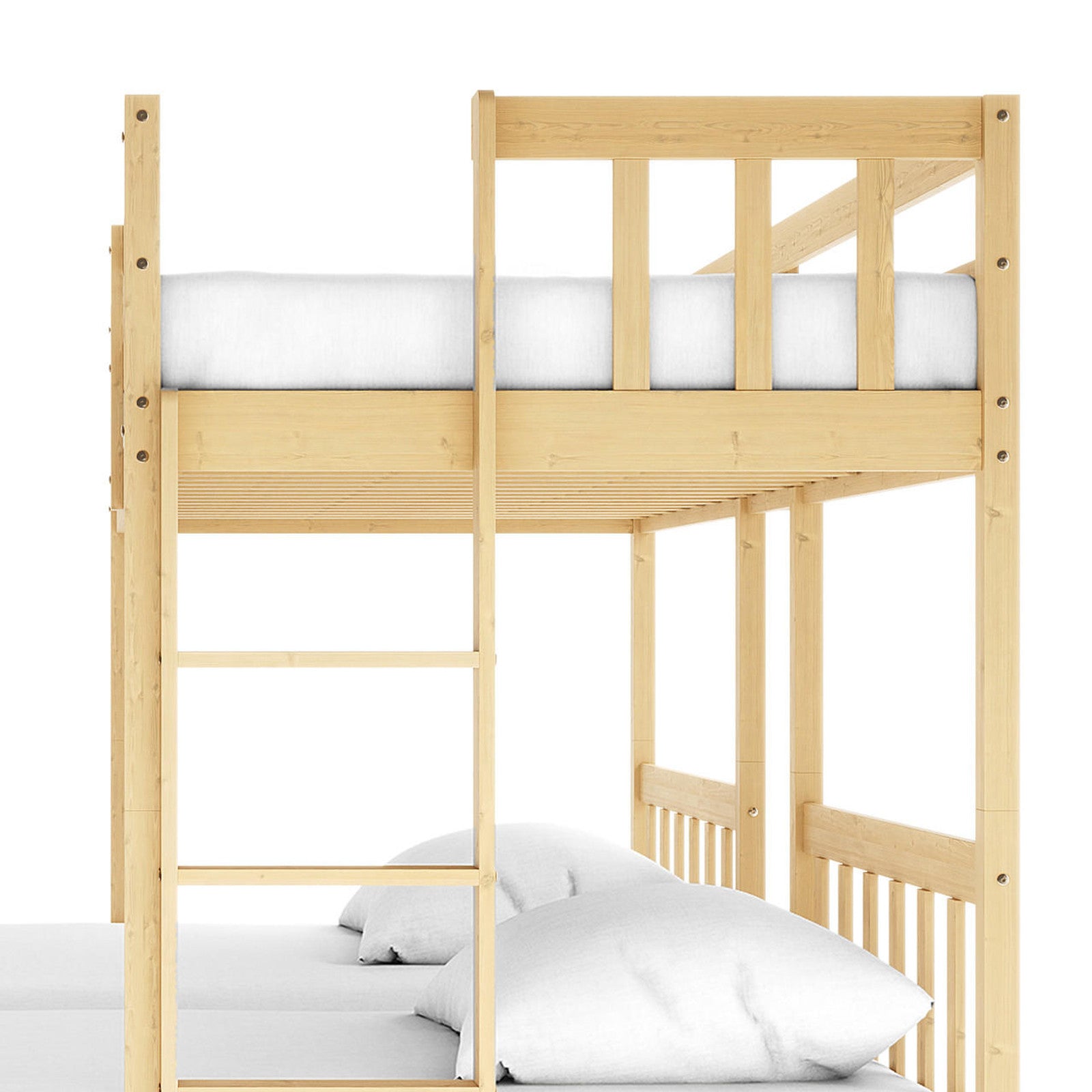 Aristos & Venus Bunk Bed & Mattress Package in White & Natural shows a light-colored wooden bunk bed frame with guardrails, built-in ladder, and white mattresses on both bunks, designed for three sleepers.