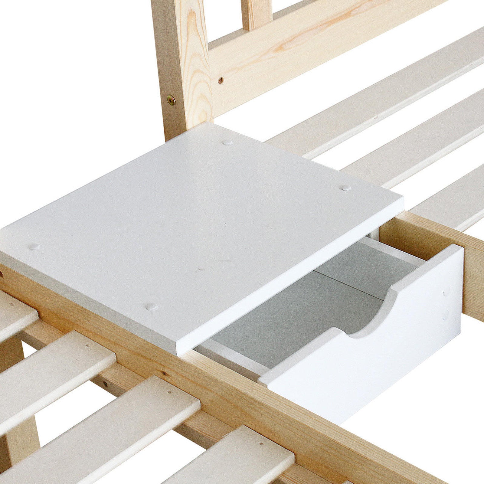 Aristos & Venus Bunk Bed & Mattress Package in White & Natural features a pine-wood frame, side storage drawer with shelf, and slatted mattress support, designed for three sleepers with added functionality.