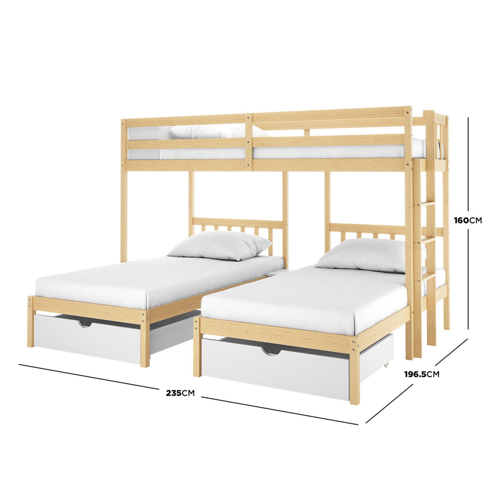 Aristos & Venus Bunk Bed & Mattress Package: A light pine, L-shaped triple bunk bed with a top single bunk, full guardrails, two perpendicular lower bunks, storage drawers beneath each.