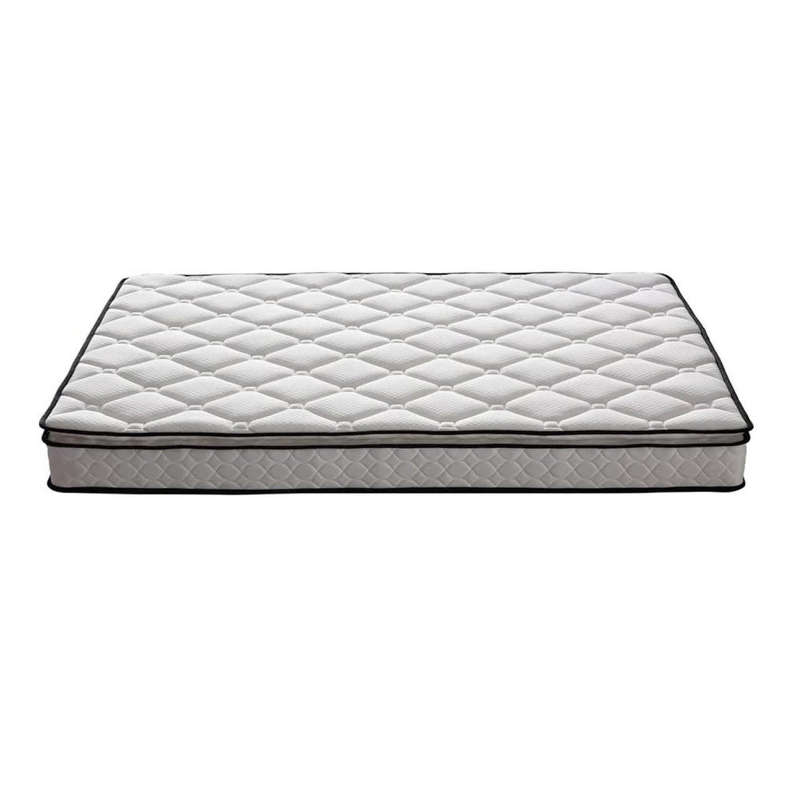 Aristos & Venus Bunk Bed & Mattress Package in White & Natural features a quilt-patterned mattress with a white cover and black trim, complementing the space-saving triple bunk bed design.